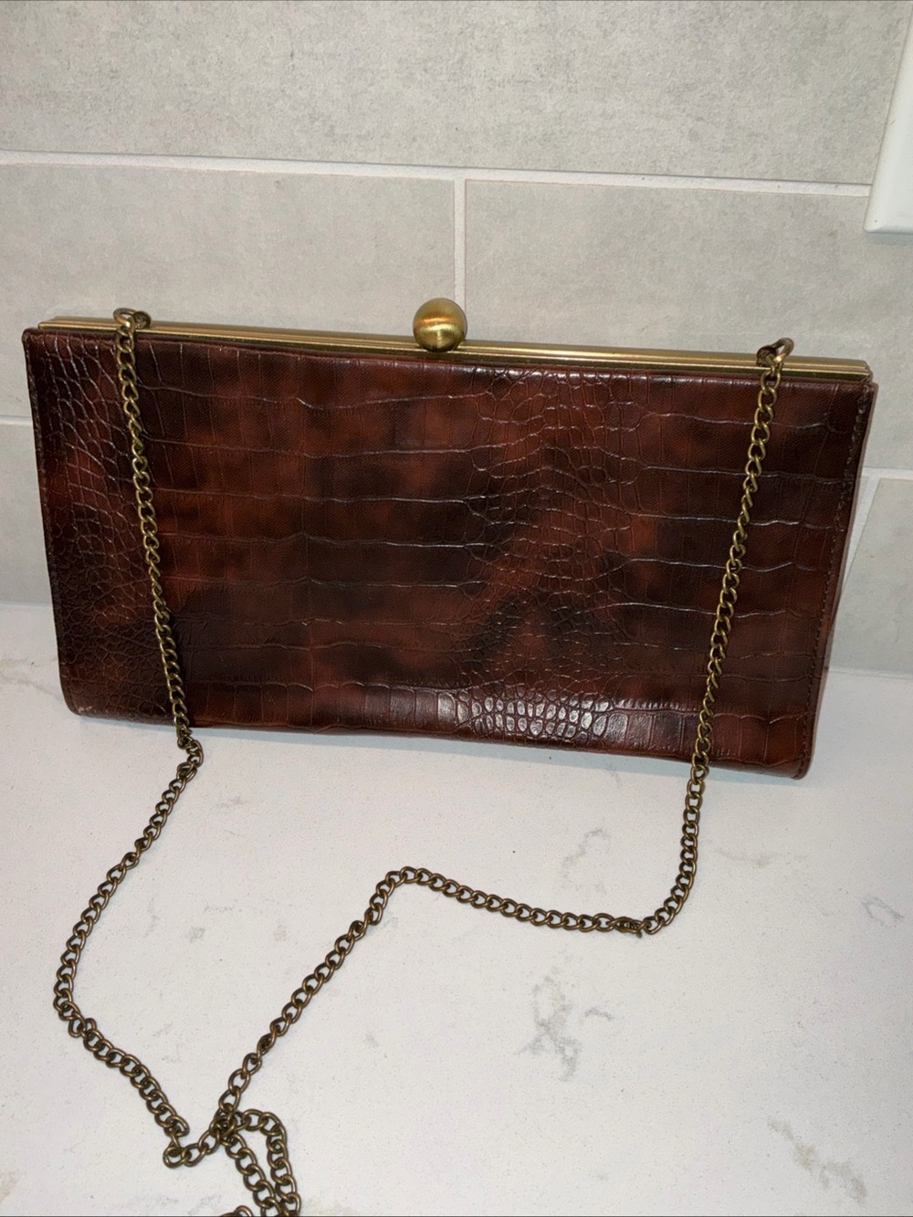 Forever 21 vintage inspired faux leather brown purse clutch chain strap